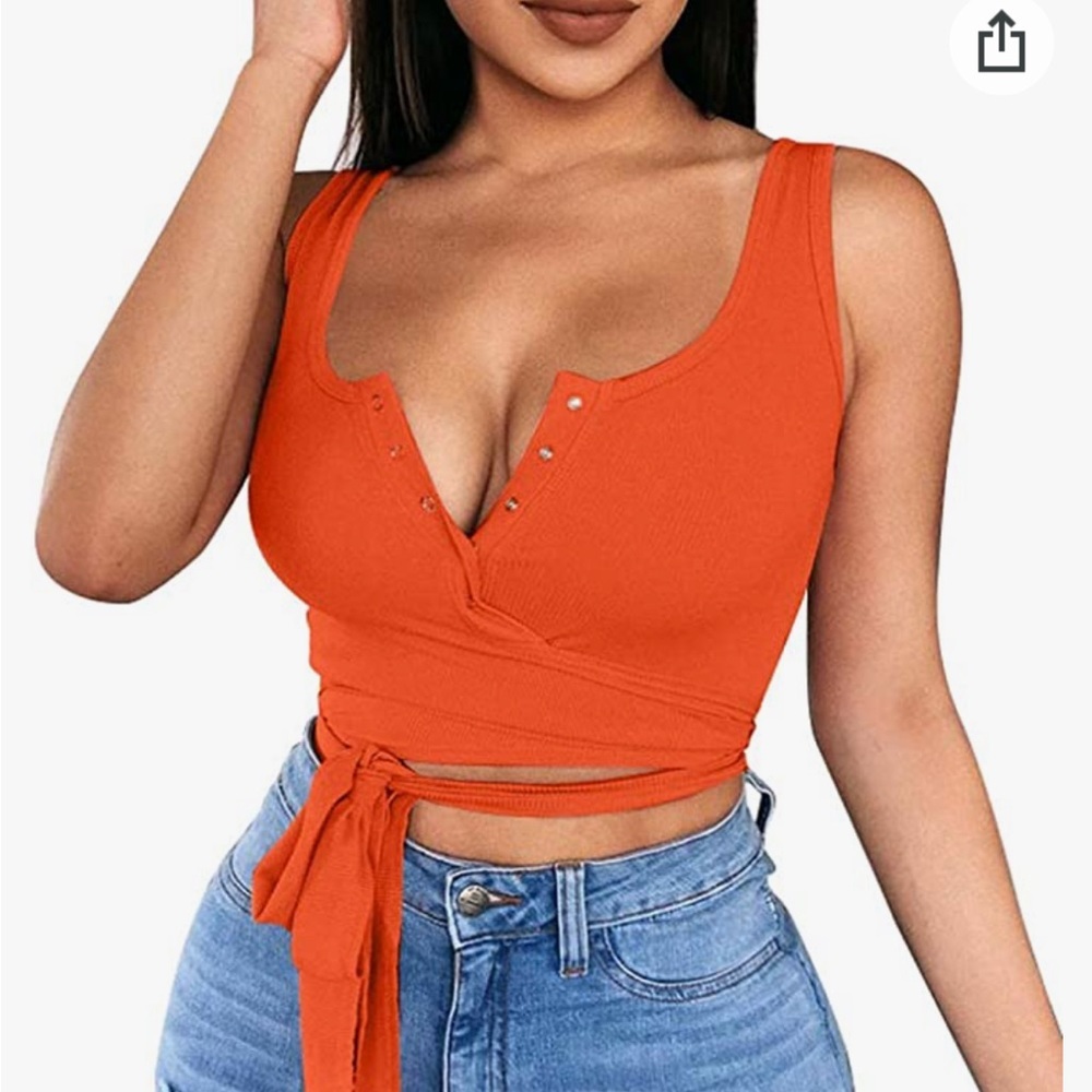 Ribbed Orange Wrap Crop Top Henley Snap Front Tie Waist tank-Size XL